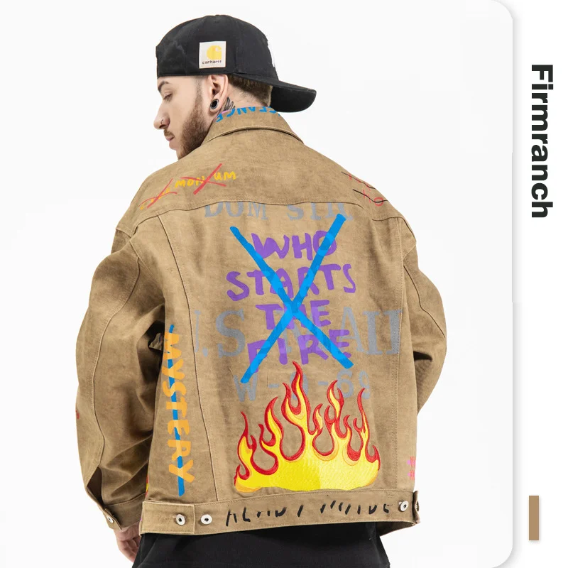 

New 2021 Ready Jacket Military Cloth Denim Coat Rose&Fire Skeleton Skull Ambroidered Scrawl Made Jacket For Men/Women