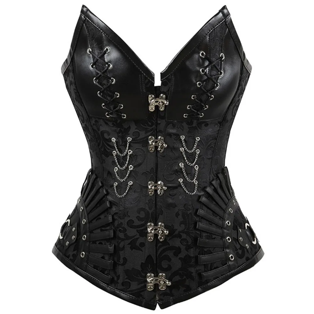 

Gothic Faux Leather 14 Spiral Steel Boned Overbust Corset Womens Steampunk Korse Black Goth Sexy Punk Bustiers Lace Up S-2XL