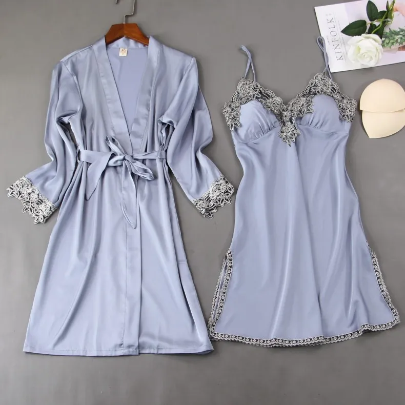 

Sexy 2PCS Pajamas Set Pink Womens V-Neck Cami Nighties Wear Pijama Home Nightwear Lingerie Nighty Spring Robe Gown Suit Nighties
