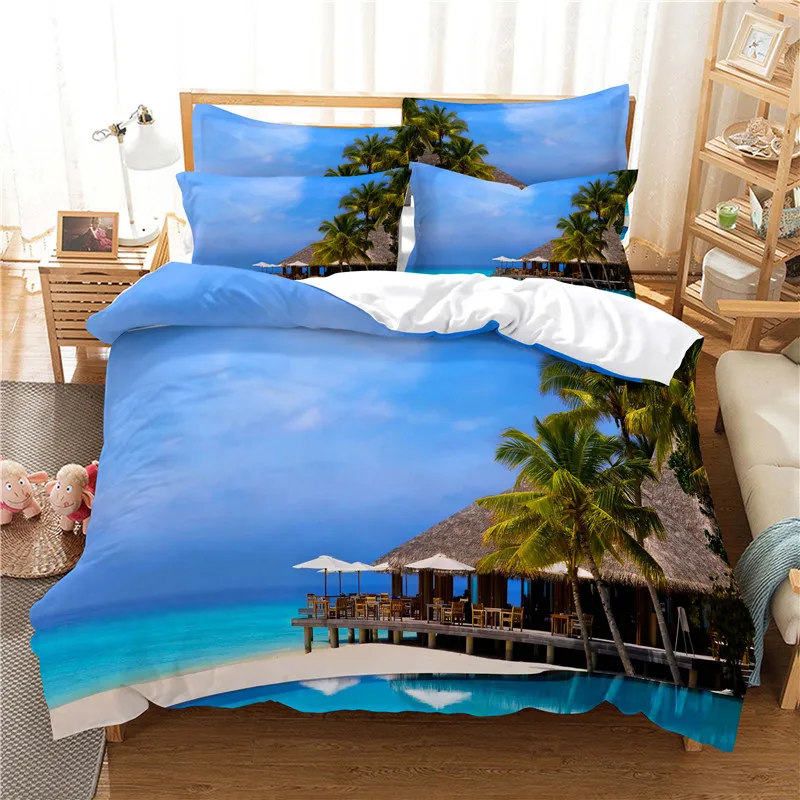 

Modern 3d Seabeach Bedding Set Bed Sets Queen Size Bed Linens Fashion Design Blue Landscape Duvet Cover Set