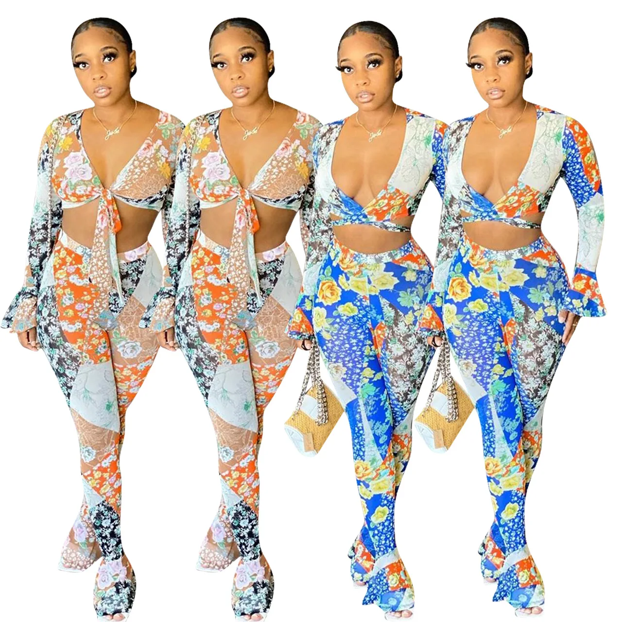 

Женский Повседневный костюм с длинным рукавом, оборками и V-образным вырезом, в европейском и американском стиле, весна-лето 2020