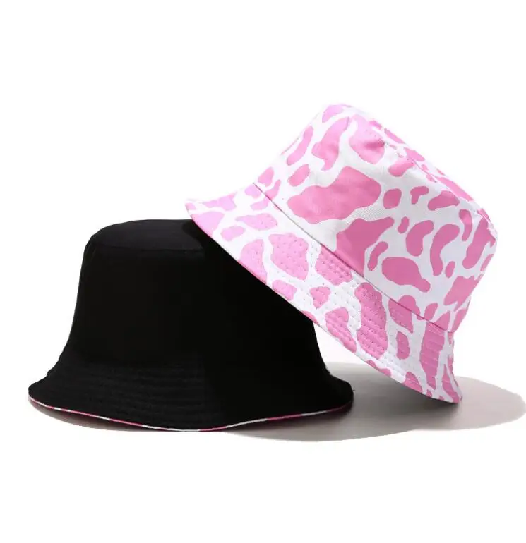 

Two Side Reversible Creative Pink Cow Bucket Hat Summer Women Cotton Cap Outdoor Fashion beach Bob Sun Female panama hat