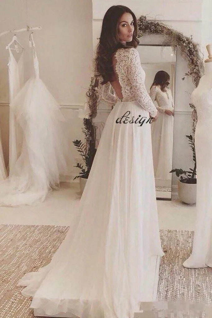 

Long Sleeve Plus Size Wedding Dresses Simple Cheap lace chiffon V-neck Backless Sweep Train Country Flowy Beach Wedding Gown