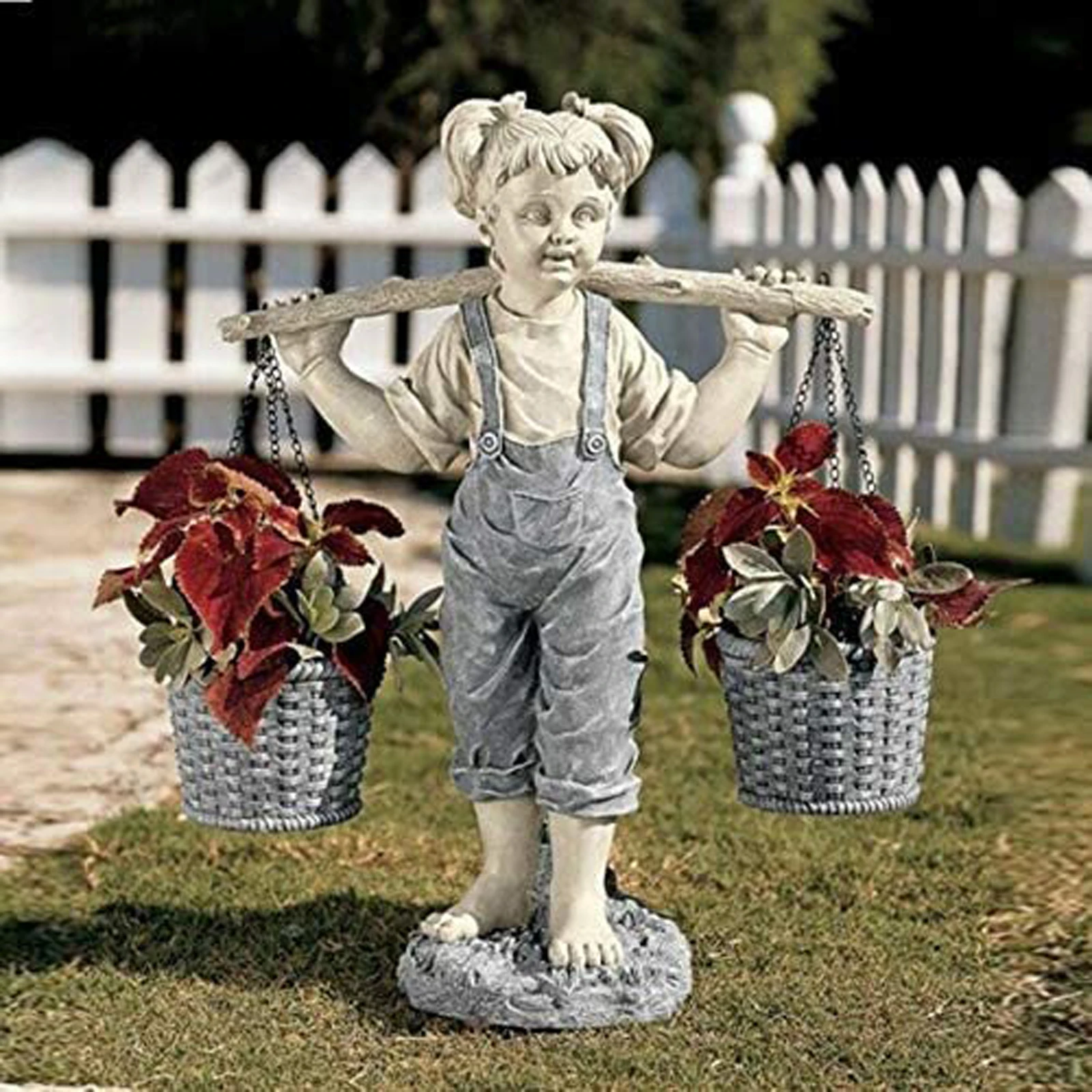 

Garden Decorative Statue Resin Little Girl Carrying Flower Baskets Sculpture for Yard Balcony Courtyard Home Decor 20x14.5x5.5cm