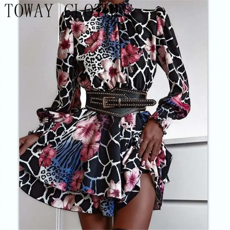 

Women NEW Floral Abstract Cheetah Print Puff Sleeve Dress
