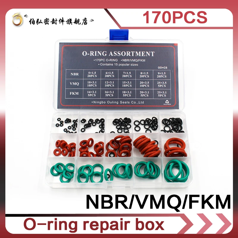 

VMQ NBR FKM O Ring Nitrile rubber O Ring 170PCS Silicone Seal Assortment fluororubber Sealing O-ring Set Kit silicon Gasket Box