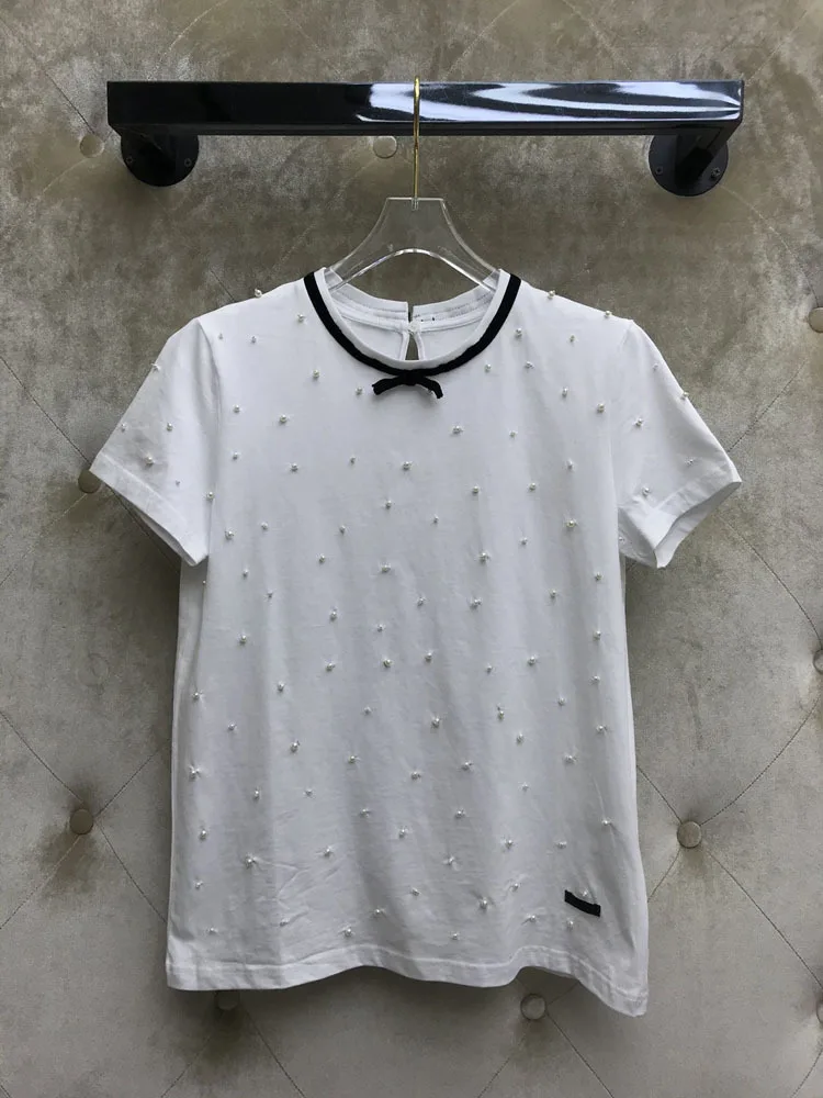 Женская футболка с коротким рукавом круглым вырезом и бусинами|Футболки| |