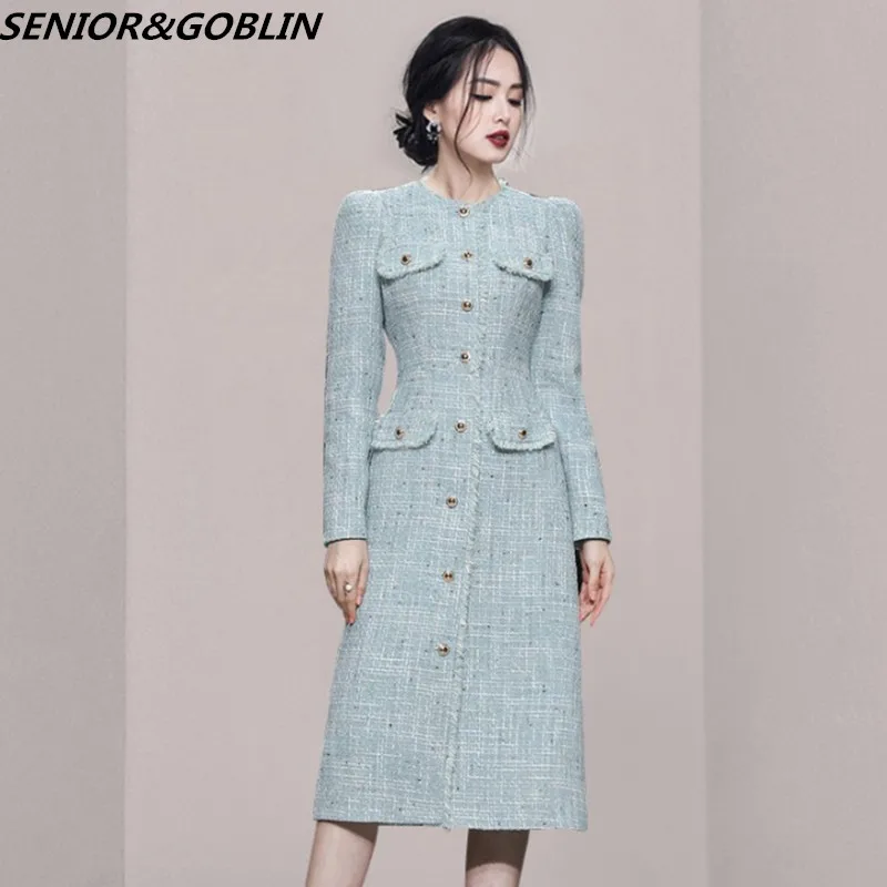 

Temperament O Collar Tassels Tweed Trench Coat Women New Winter Korean Single-Breasted Slim Office Casual Wool Outerwear