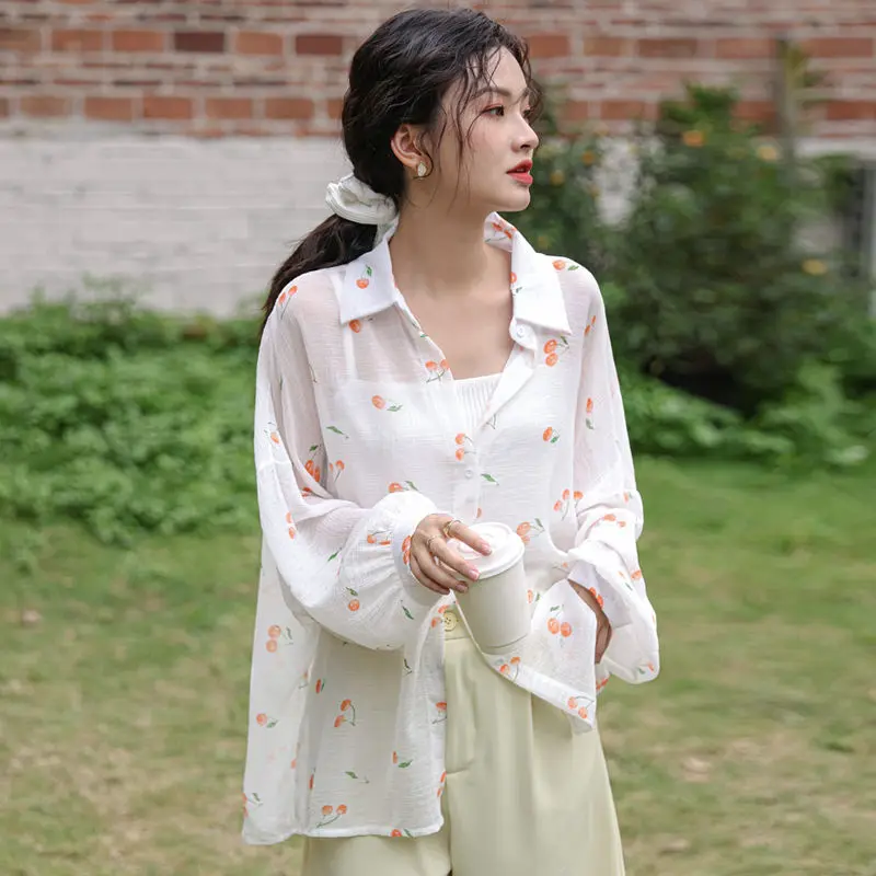 

2021 New Summer Women Blouses Casual Long Sleeve Print Thin Long Style Shirts Fashion Elegant Office Lady Tops Clothing