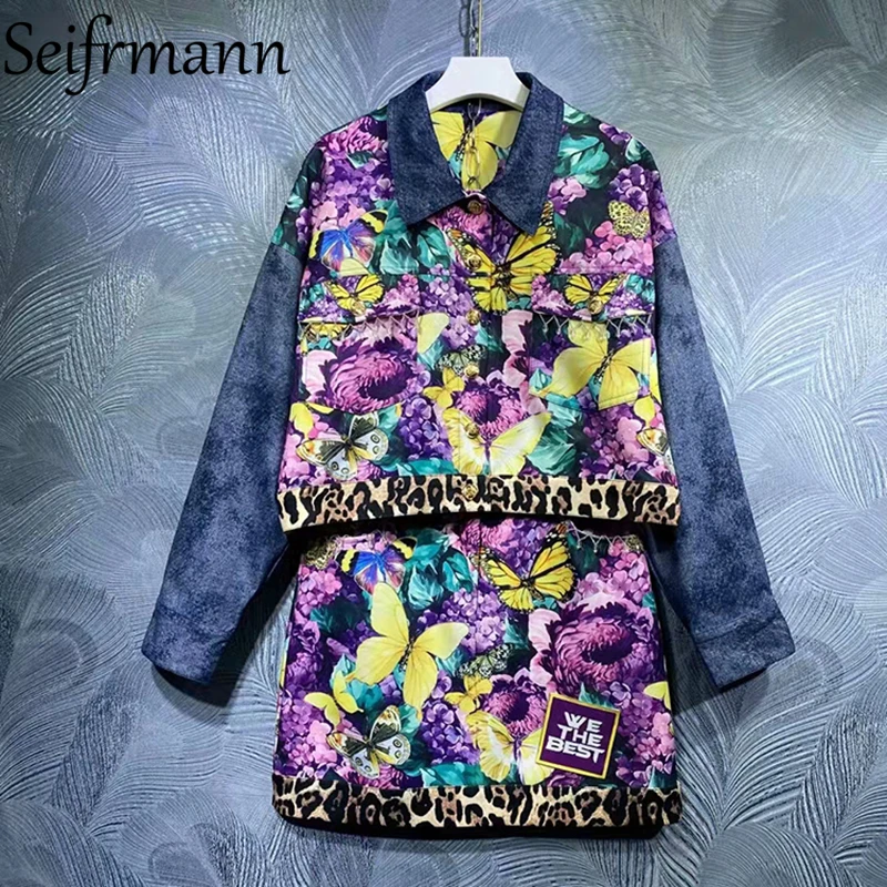 

Seifrmann New 2021 Autumn Women Fashion Runway Skirt Set Long Sleeve Pockets Straight Jacket High Waist Print Ladies Skirts Suit
