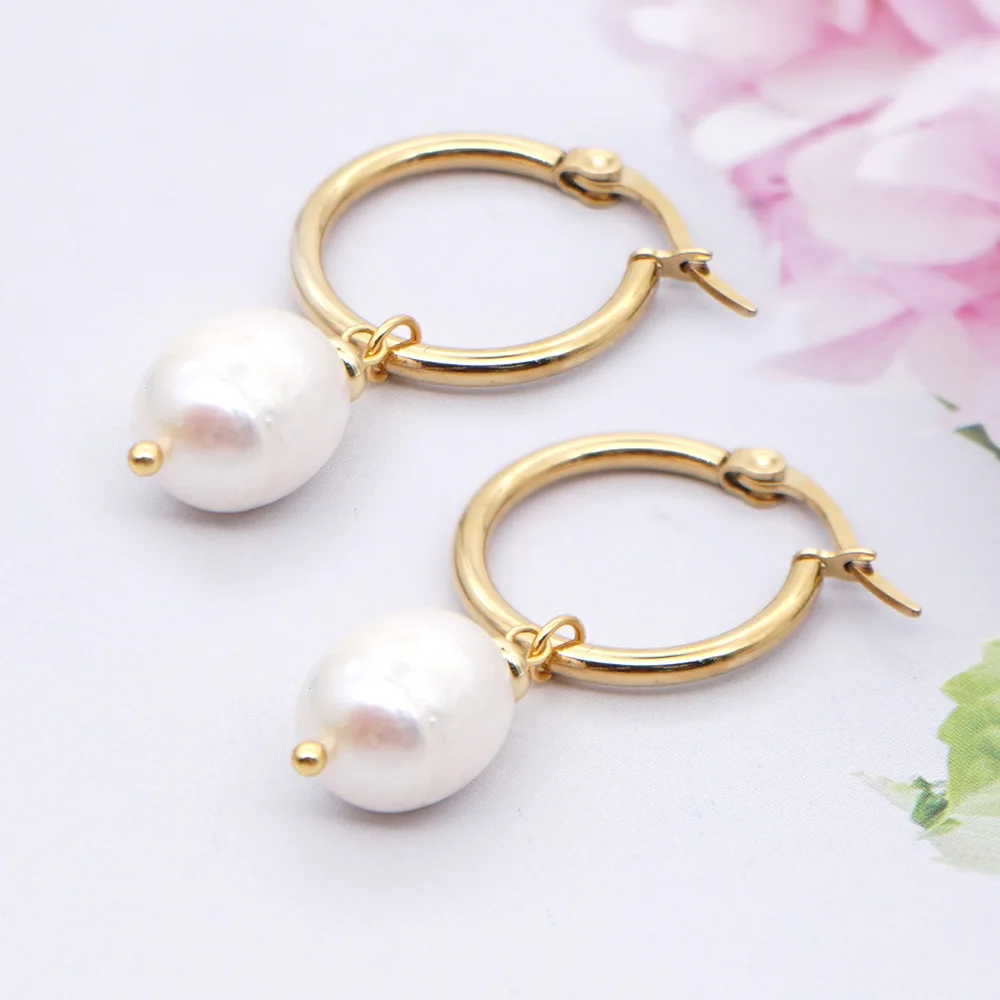 

Go2Boho Women Freshwater Pearl Golden Ring Earring Fashion Jewelry Stainless Steel Earrings Handmade Hoops New Ear Ring Gifl Gif