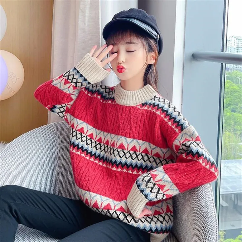 

Sweater for Girls Autumn Winter Knitted Undershirt O-Neck Pullover Christmas Sweater Fashion All-match Tops Children's Clothing
