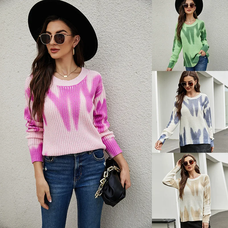 

2021 Autumn and Winter New Fashion Dyeing Long Sleeve Men's Sweaters Top Round Neckline Women's Loose-Fit Knit Sweater Women's