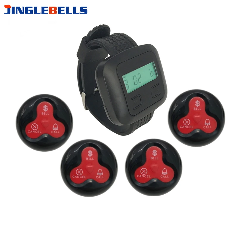 Wireless Paging System 1 Wristwatch Receiver+ 4 Waterproof Button Transmitter for Restaurant Guest Call Waiter Service