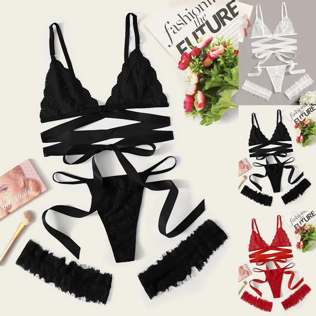 3 шт. комплект женского кружевного нижнего белья с бантом|Комплекты белья| |