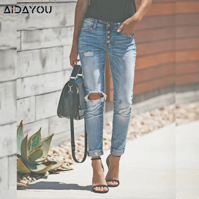 

Womens Distressed Jeans Vintage High WasitedHoles Vintage Denim Pants Stretchy Elastic Ripped Jeans Blue Capris Female ouc393