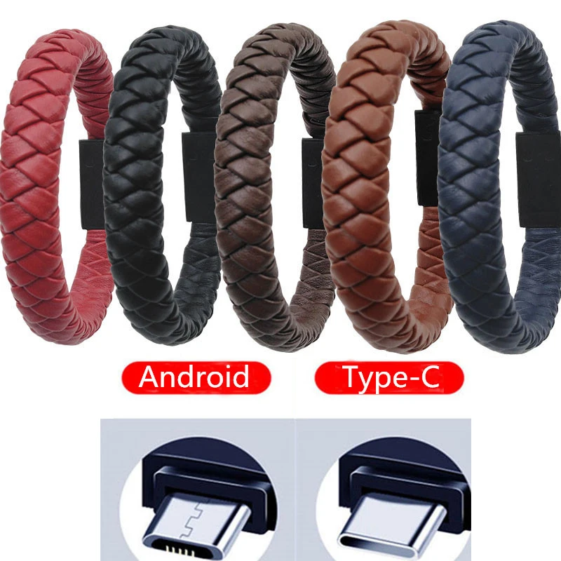 Уличный Портативный кожаный браслет Mini Type C Micro USB зарядное устройство кабель для