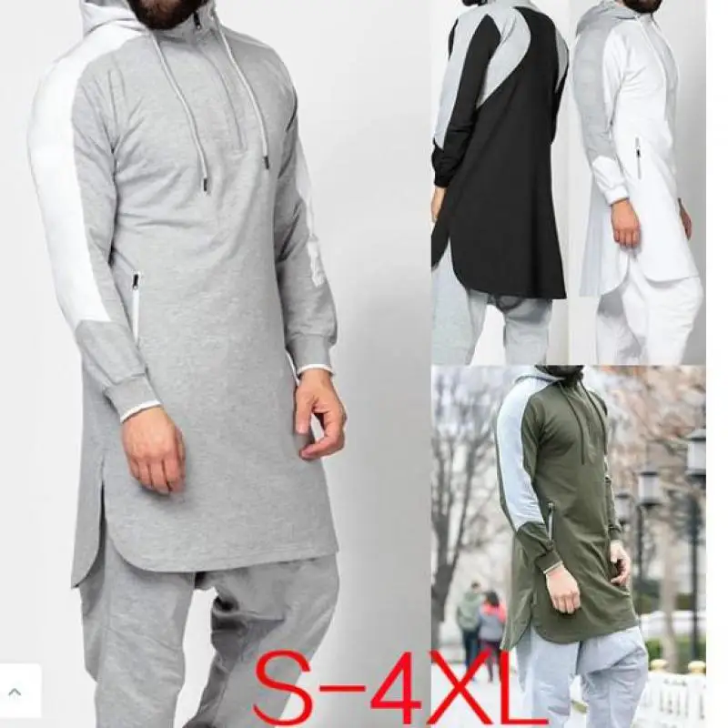 Hooded Men Muslim Jubba Thobe Patchwork Islamic Clothing Long Sleeve Dubai Kaftan Male Saudi Arabia Shirt Plus Size 3XL 4XL