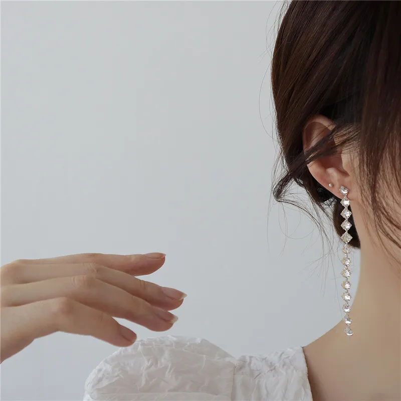 

Temperament Shiny Crystal Zircon 14K Real Gold Long Earrings for Woman Bride Wedding Pendant Jewelry Earrings Anniversary Gift