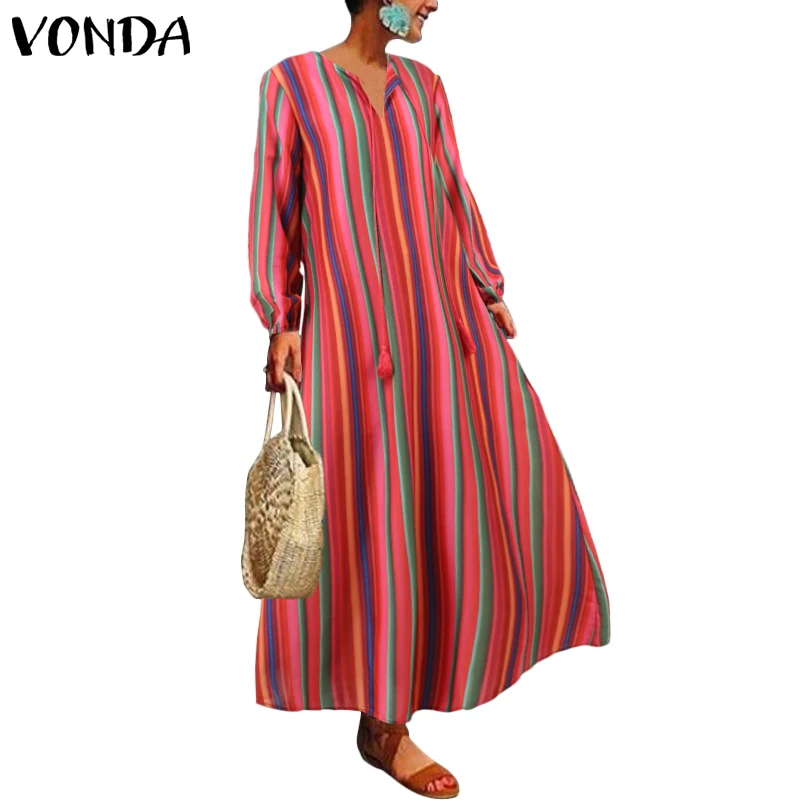 VONDA, женское богемное длинное платье, осень-весна, повседневное свободное Полосатое праздничное платье с длинным рукавом, вечерние платья размера плюс 5XL - Цвет: Красный