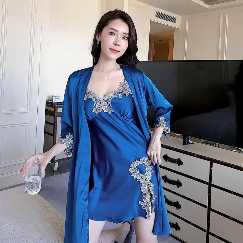 

Pink Wedding Robe Set Sexy Women Sleepwear Nightgown V-Neck Lace Trim Loungewear Summer Dress Home Suit Female Satin Bathrobe