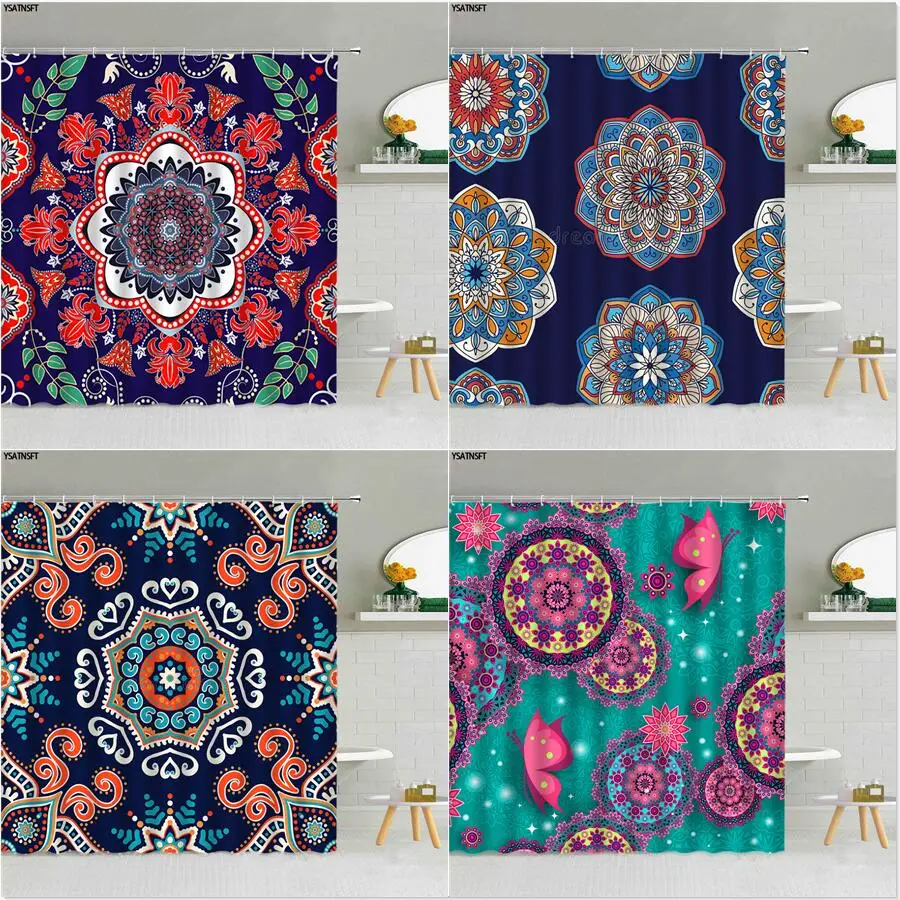 

Винтажная занавеска для душа в богемном стиле с изображением цветов, креативная занавеска для ванной из ткани с рисунком мандалы, бабочки, м...