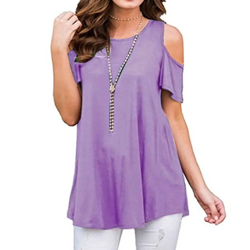 Light purple Женская летняя футболка, 20 стилей, круглый вырез, короткий рукав, цветочный рисунок, в полоску, модная женская футболка - Цвет: Light purple