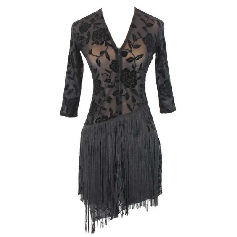 

New Latin Dance Dress Female Adult Flower Print Mesh Gauze Fringe Practice Clothes Rumba Tango Samba Dance Tassel Dress DQL3059
