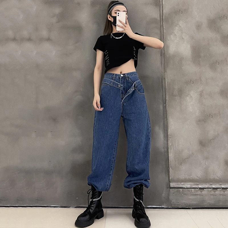

[EAM] High Waist Blue Spliced Long Casual Wide Leg Jeans New Loose Women Trousers Fashion Tide Spring Autumn 2021 1DE1183