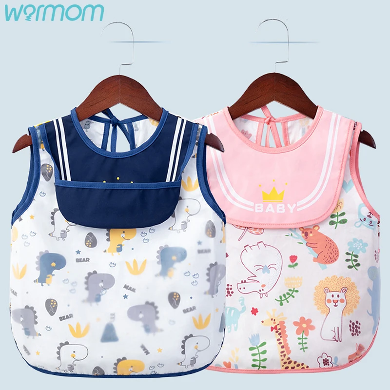 Warmom-ropa de comedor sin mangas para beb&eacute;, babero impermeable de tafet&aacute;n de poli&eacute;ster, sin mangas-0