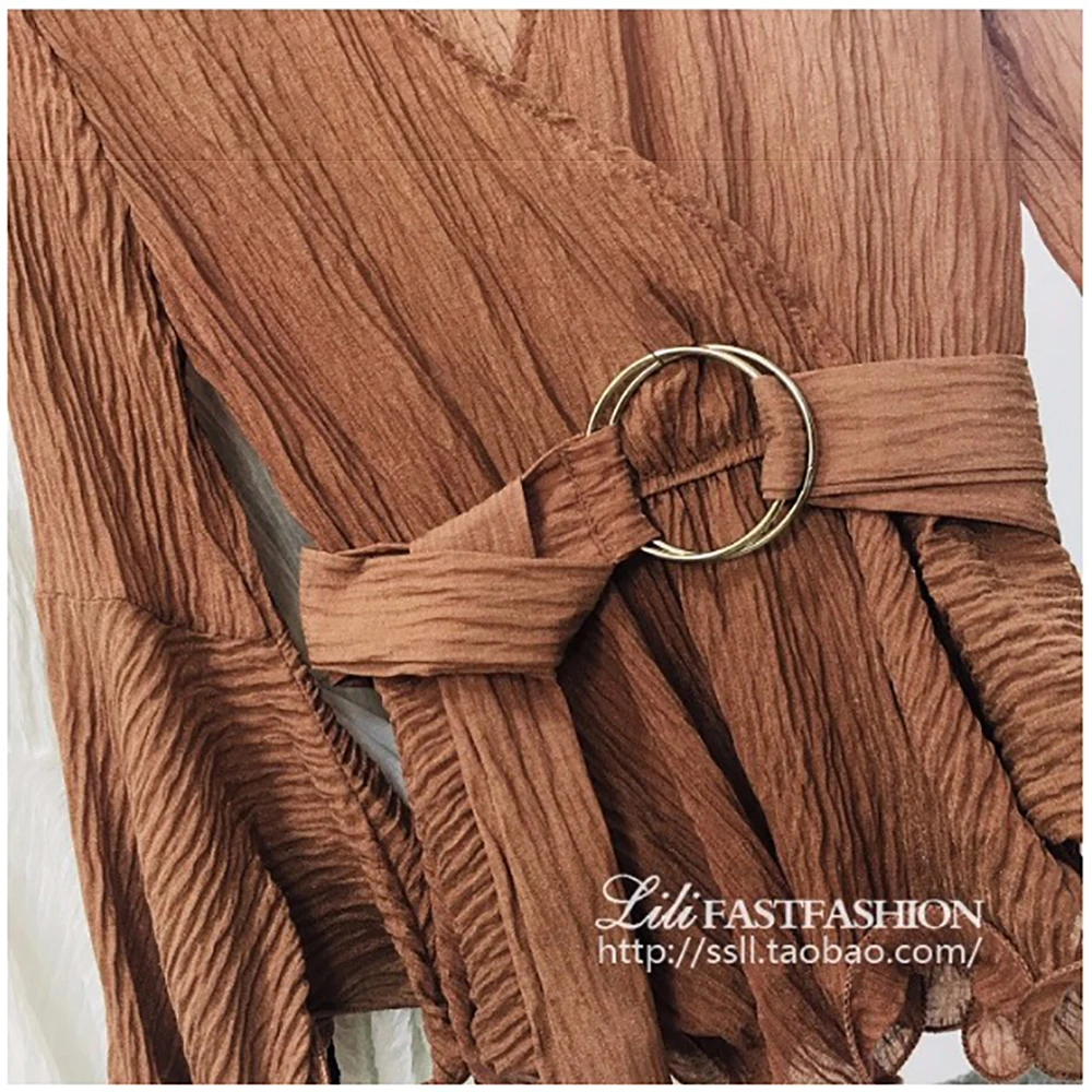 

YUANYUANJYCO Autumn Women Regular Length Streetwear Chiffon Blouse XFSCS24 Ruffles V-neck Long Flare Sleeve Black Woman Shirts