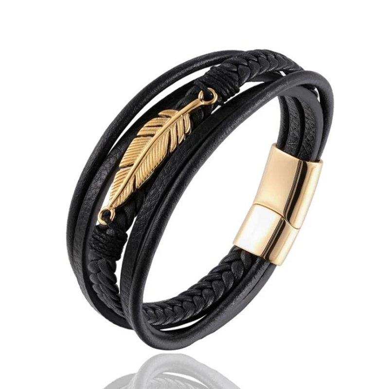 

Multilayer Woven Leather Wrap Bracelet for Men Feather Charm Metal Bracelet with Magnetic Clasp Fashion Jewelry Free Shipping