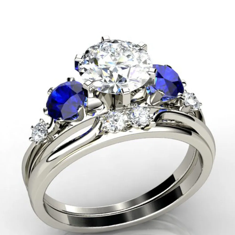 

2Pcs/set 6 Claw White Blue Glass Filled Bridal Ring Set Women Ladies Elegant Wedding Evening Party Finger Ring Jewelry