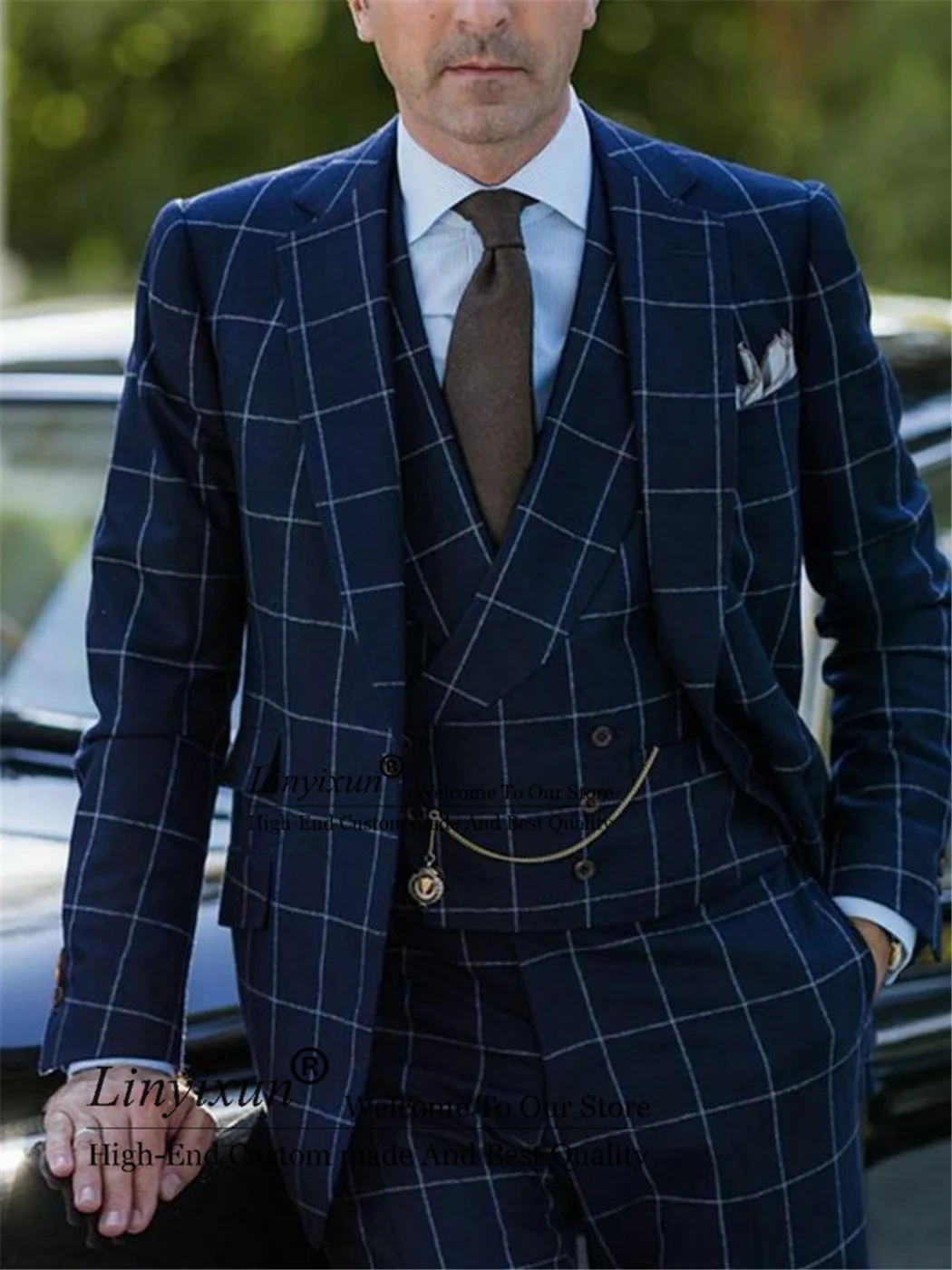 

Мужской Блейзер темно-синего цвета в клетку, свадебный смокинг для жениха, деловой блейзер для лучших мужчин, 3 предмета, куртка, жилет, брюки...