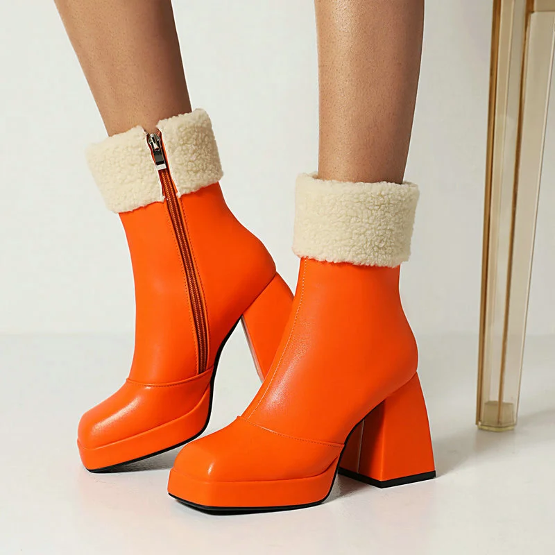 

Short Boots For Women Winter New Women's Head Thick Heel Versatile Martin Boots Fashion High-heeled Cotton Square Toe Fuzz Shoes