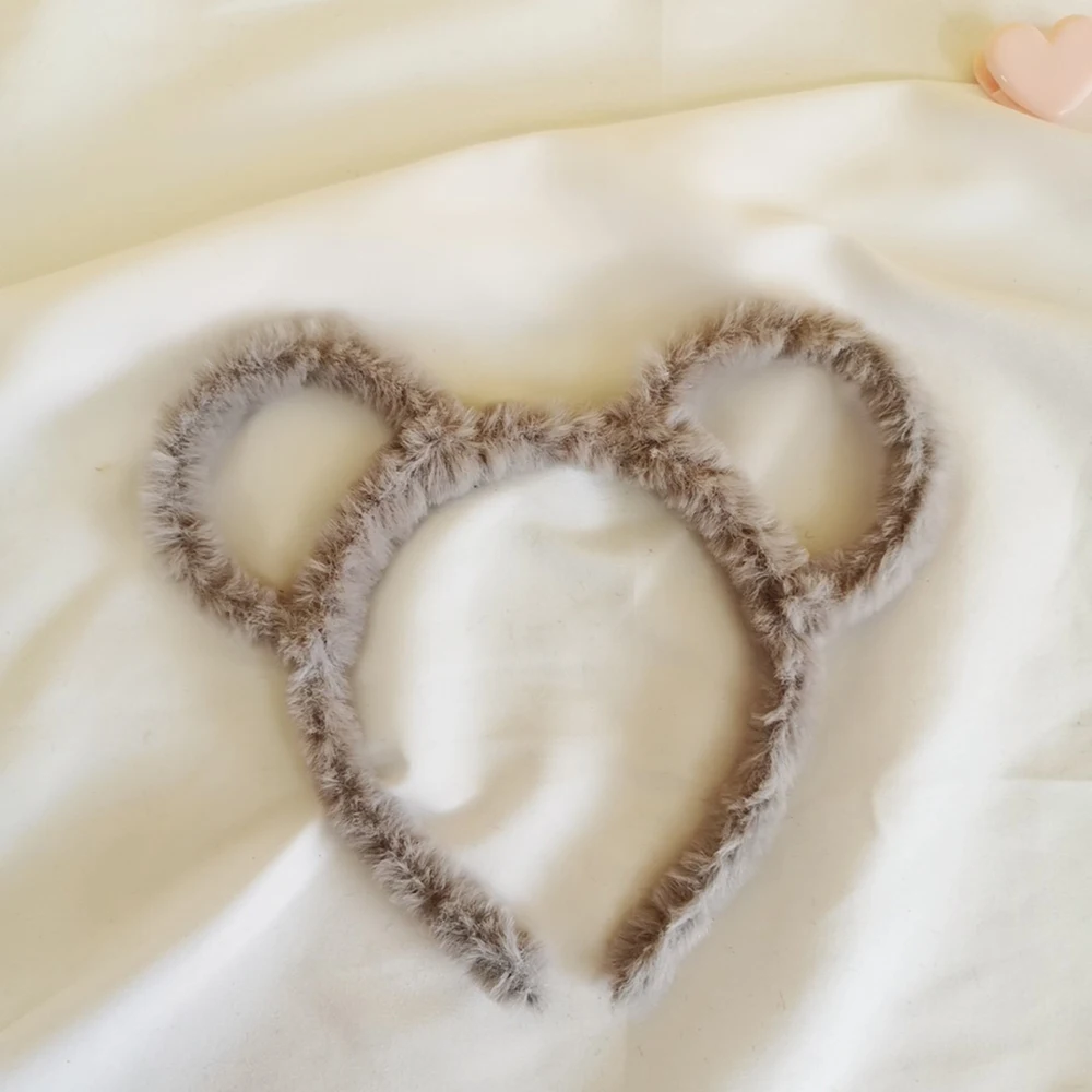 Повязка на голову детская однотонная с ушками медведя кролика кота плюшевая