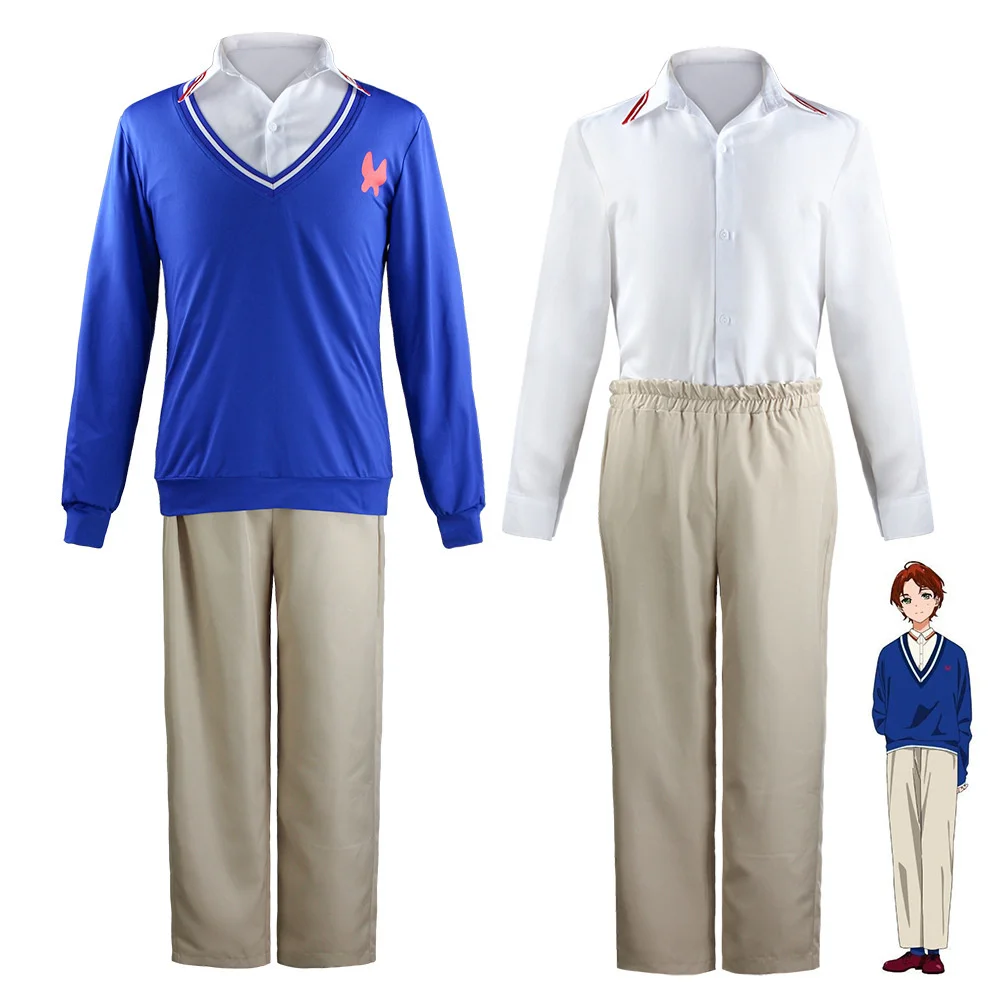 

Anime Cosplay Costume WONDER EGG PRIORITY Sawaki Momoe Uniform Suit Campus Style Blue Knitted Top Wig