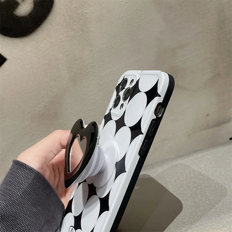 Stylish Rhombus Round Camera Protection Love Mirror Stand Phone Case For Iphone 11 12 Pro Max X XR XS 7 8 Plus Back Cover |