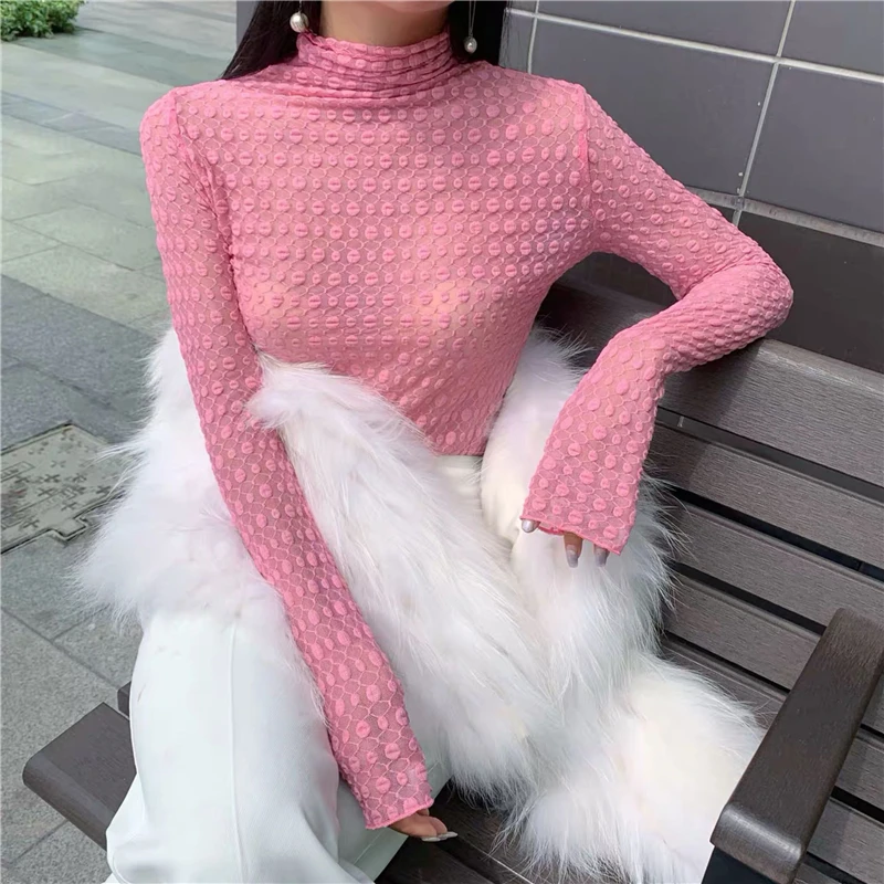 Открытая Кружевная футболка Женская мода 9 цветов водолазка с длинным рукавом