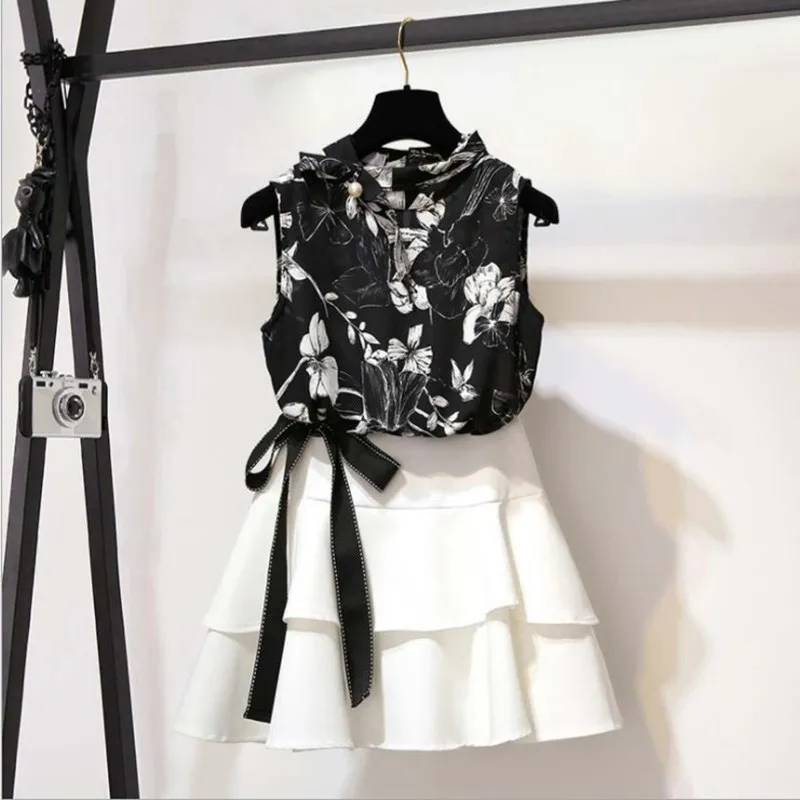 Летний женский милый комплект из 2 предметов без рукавов с бантом черная блузка