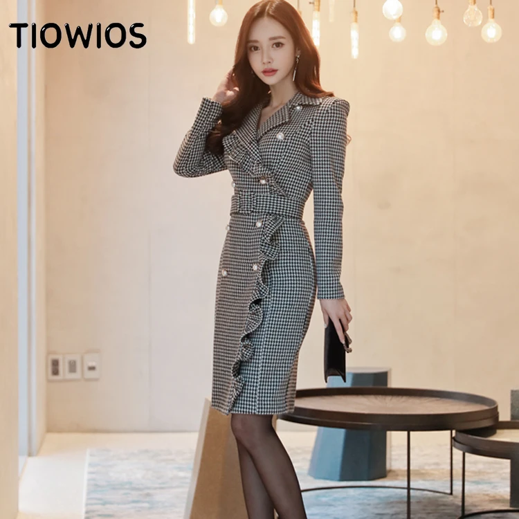 

TIOWIOS 2021 Woman New Korean Ol Temperament Double Breasted Belt Slim Fit Thousand Bird Check Buttock Coat Ruffle Dress