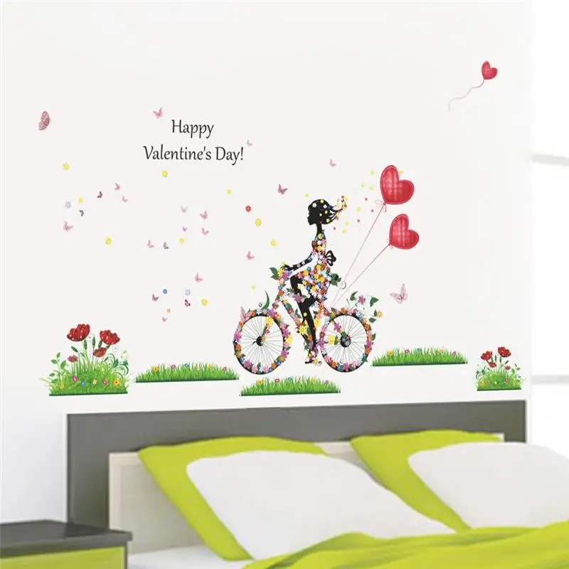 

A Girl Ride Bike With Flower Wall Decal For Kids Room Home Decorative Stickers Pvc Mural Art Wedding Party Bedroom Decorations