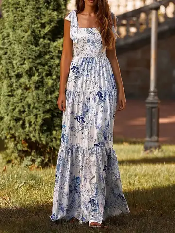 BBWM Women Vintage Boho Bow Floral Long Dresses 2022 New Fashion Flowers Elegant Female Sleeveless Loose Print Dress Chic