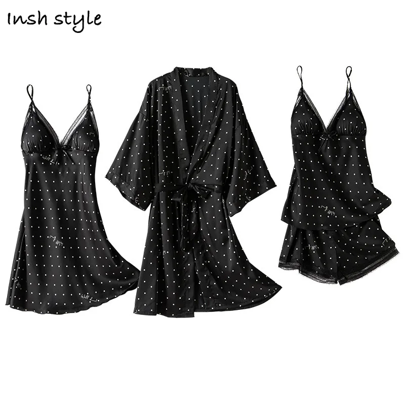 

4 Piece Pyjama Women's Pajamas Silk Nightgown Suspender Shorts With Chest Pad