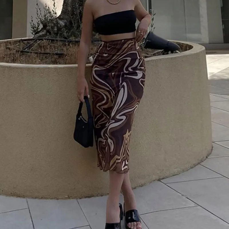 

Юбка женская с завышенной талией, модная облегающая с принтом красителя, Кофейная, для весны, лета, осени