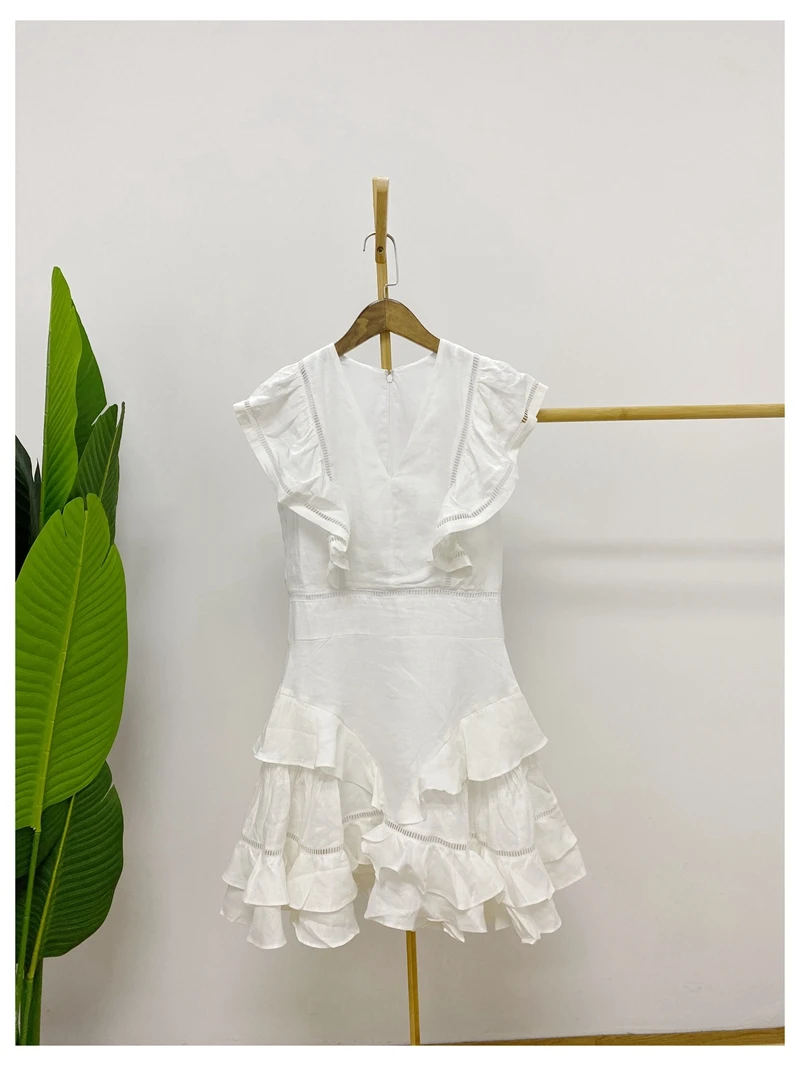 

Women Dress 2020 Spring and Summer New Solid Color Ruffled V-neck Linen Women's Dress Two Color