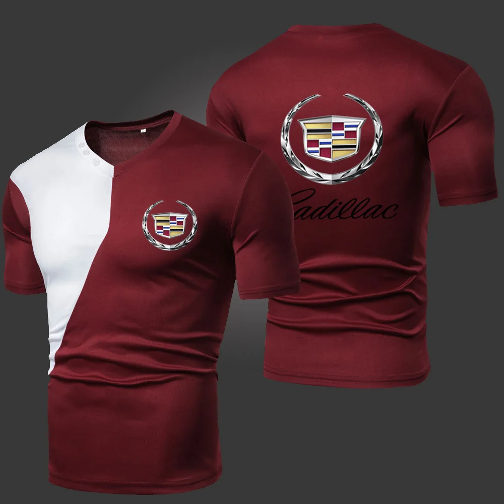 

Summer New Cadillac Men's T-Shirts Solid Color Splicing Casual Breathable Sports Slim Fitting Short Sleeve V-Neck Spotswear