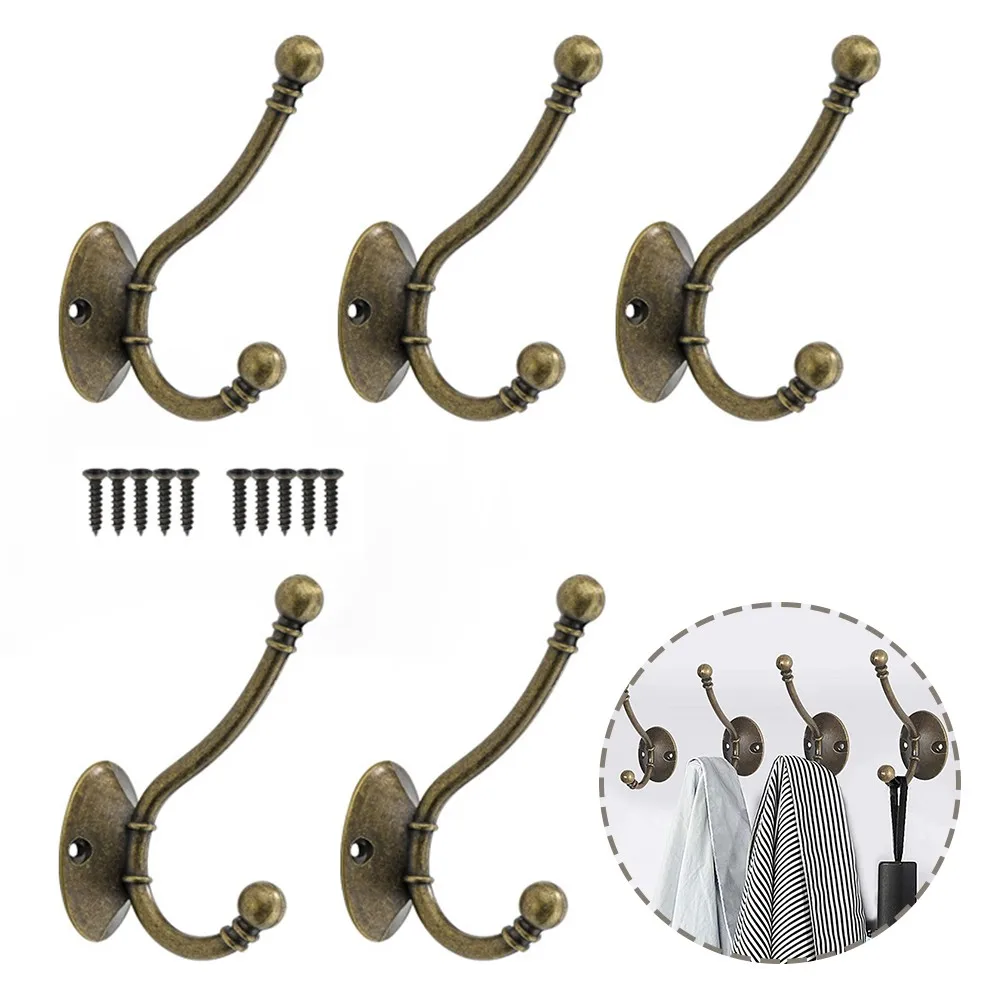 

5PCS Cloth Hook Hangers Vintage Iron Wall Hook European-Style Key Coat Bag Hat Hanging Robe Hooks For Home Bathroom With Screws