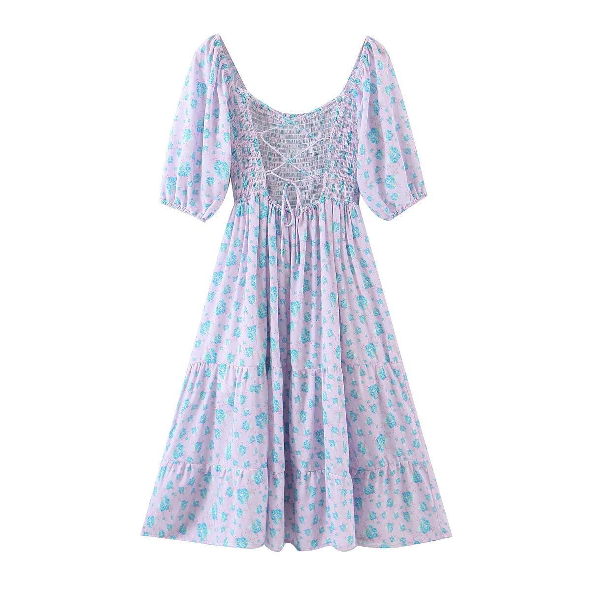 

Jastie 2021 Summer Women's Dress Cross Back Straps Puff Sleeve Square Neck Floral Print Mini Dress Beach Party Bohemian Dresses