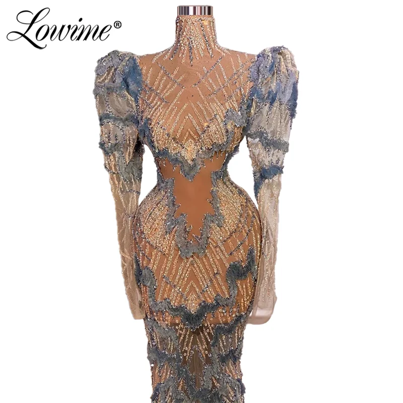 Lowime Illusion Middle East Women Party Dress 2021 Mermaid Long Party Gowns Beading Sequined Customized Plus Size Prom Dress
